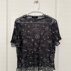Forever 21 Black Sheer Mesh Celestial Tee Short Sleeve